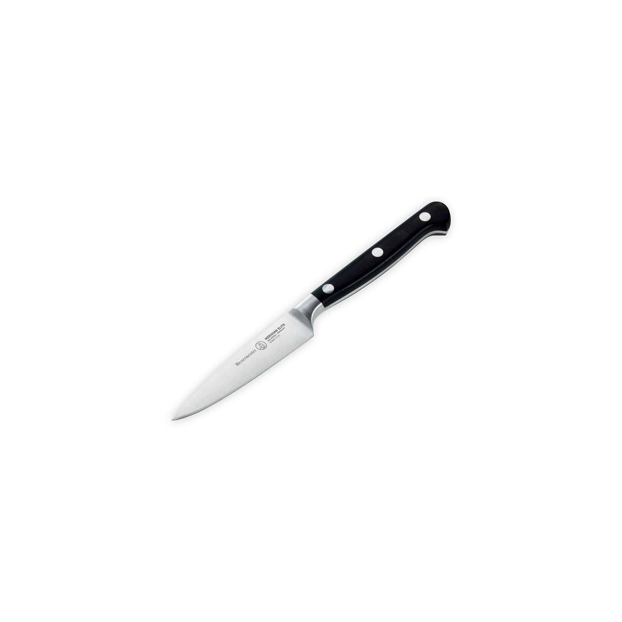 Meridian Elite 3.5 inch Paring knife with steel blade and triple rivet black handle angled view pointing to lower left