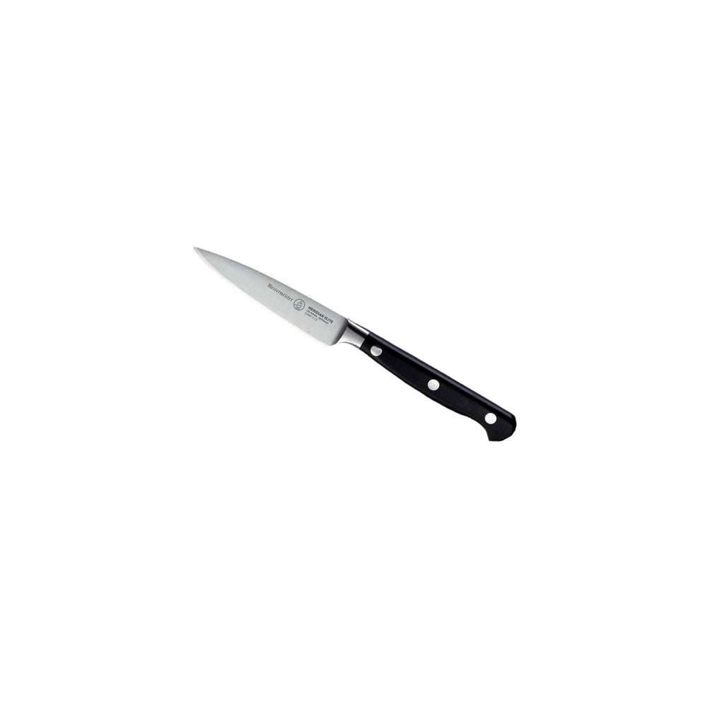 Meridian Elite 3.5 inch Paring knife with steel blade and triple rivet black handle angled view pointing to lower left left