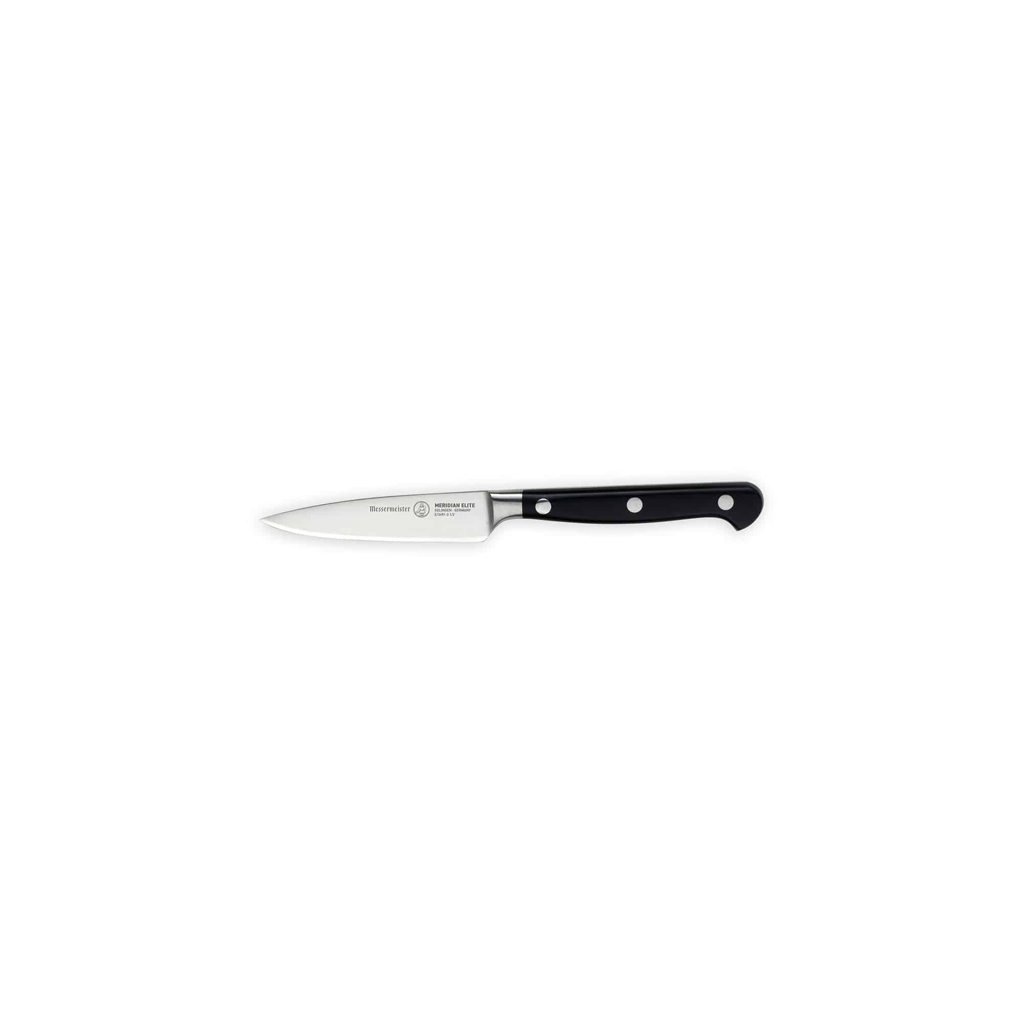 Meridian Elite 3.5 inch Paring knife with steel blade and triple rivet black handle side view pointing left