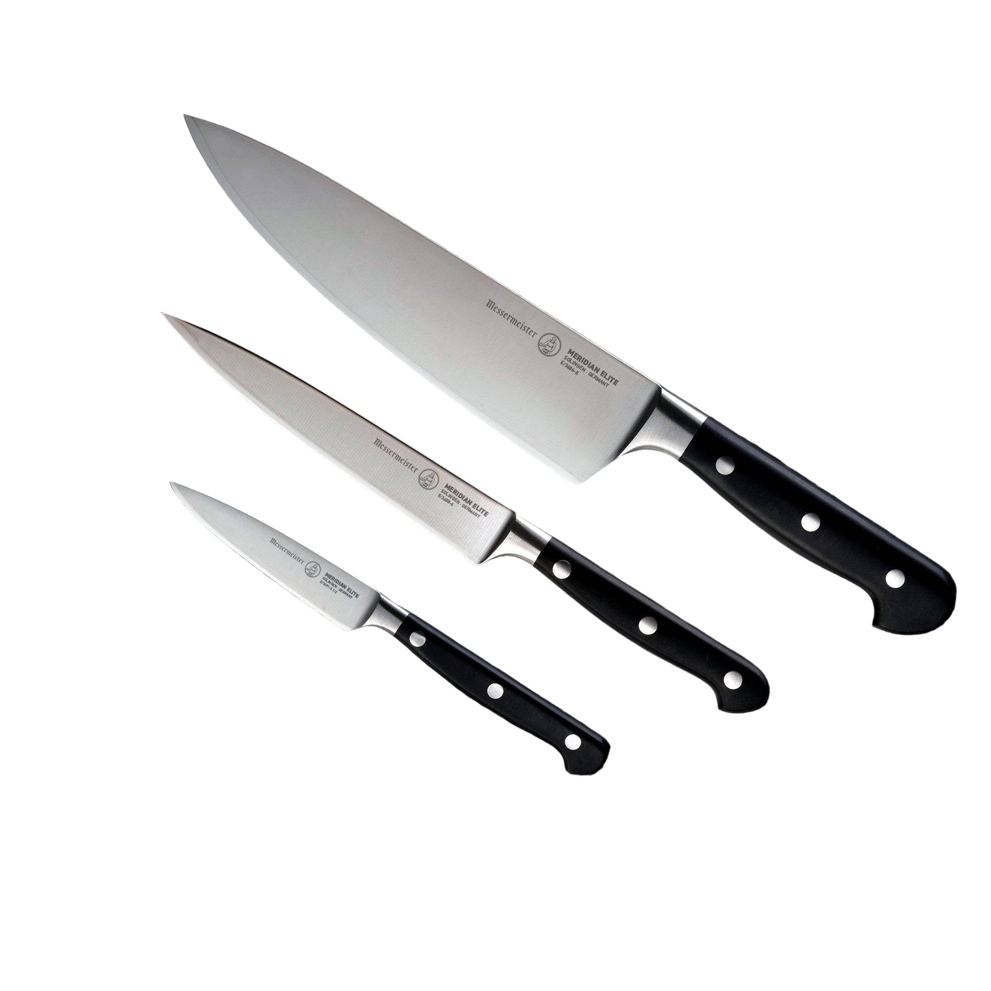 Messermeister Meridian Elite 3 Piece Starter Set - 8 inch Chef's Knife, 6 inch Utility Knife, 3.5 inch Paring Knife all pieces with triple rivet black knife handles shown side by side angled towards upper left
