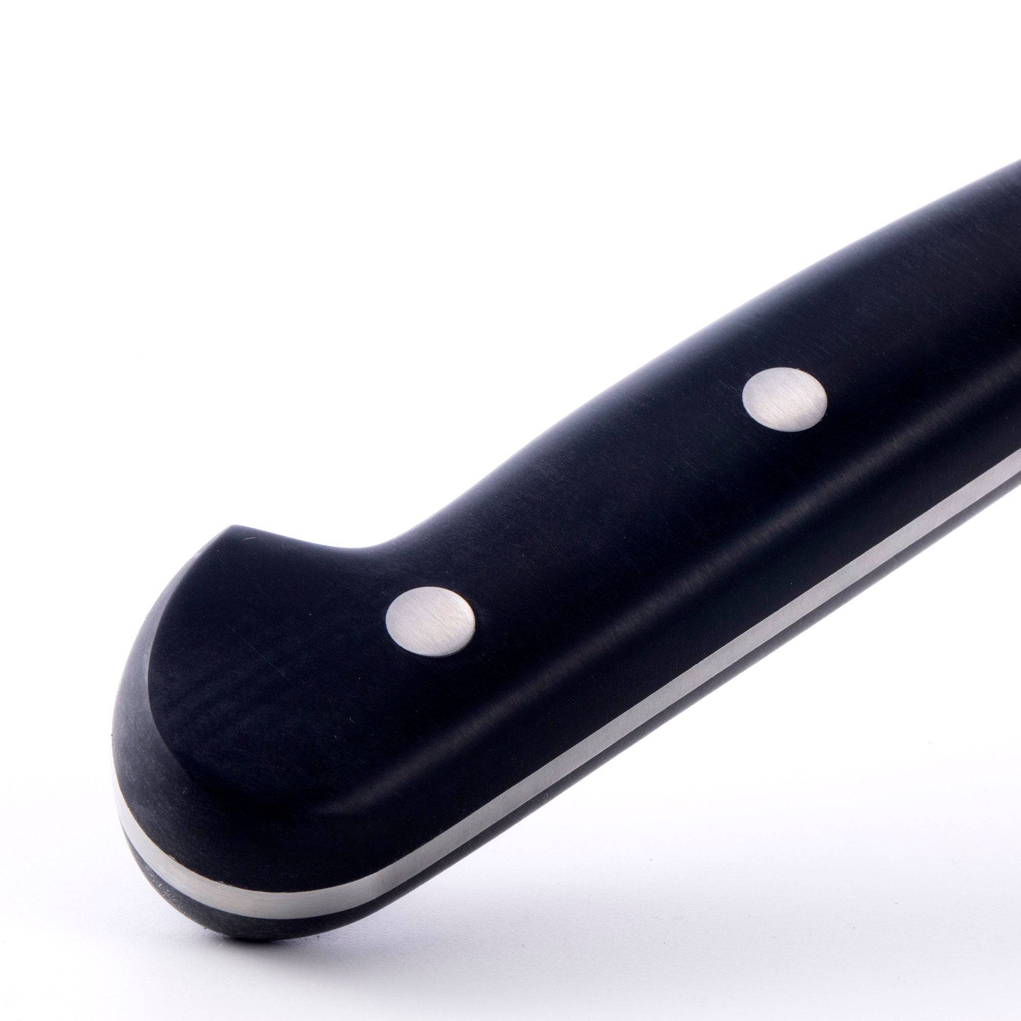 Messermeister Meridian Elite 8 inch Chef's Knife closeup view of triple rivet black handle