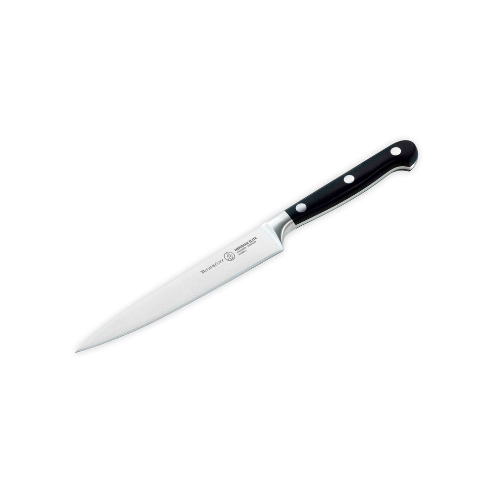 Messermeister Meridian Elite 6 inch Utility knife with steel blade and triple rivet black handle shown angled towards bottom left