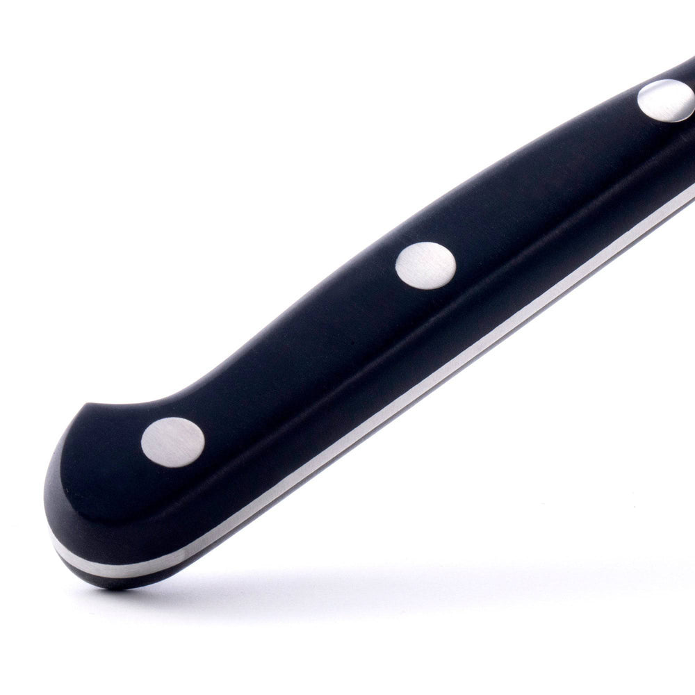 Messermeister Meridian Elite 6 inch Utility Knife closeup view of triple rivet black handle