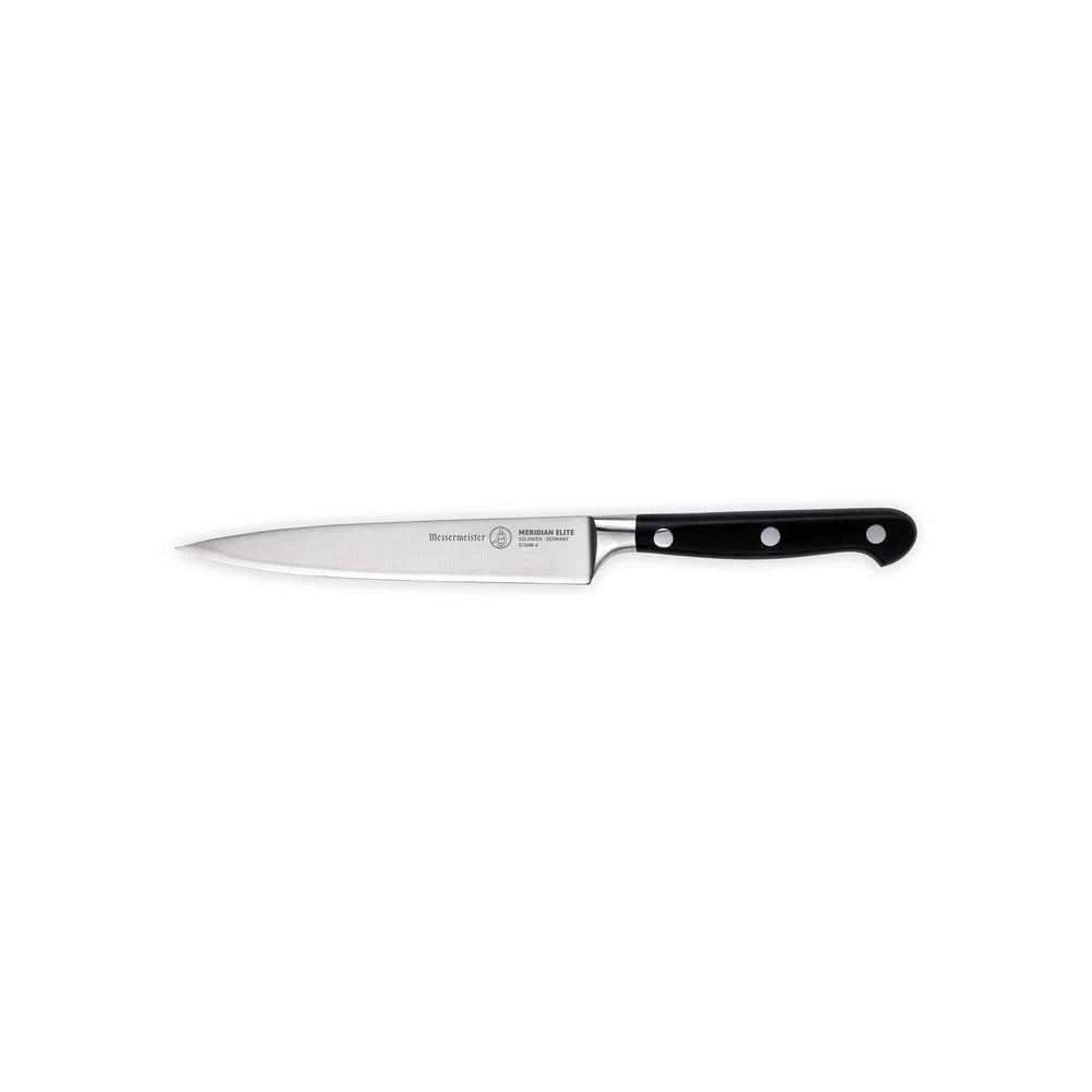 A 6 inch Messermeister Meridian Elite Utility Knife with a silver stainless steel blade and triple rivet black handle side view pointing left