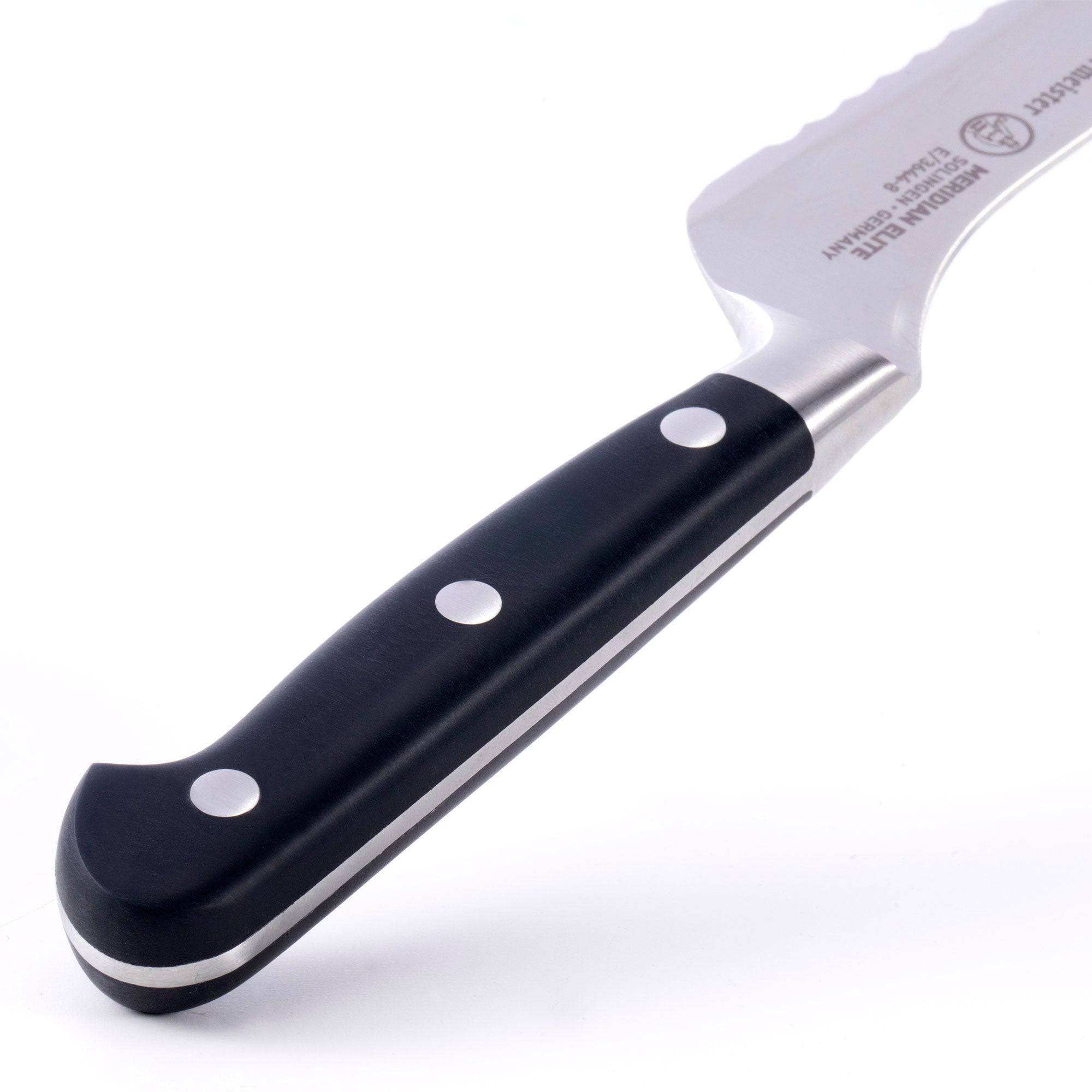 Close up view of the triple rivet black handle of the 8 inch Meridian Elite Offset Scalloped Bread Knife 