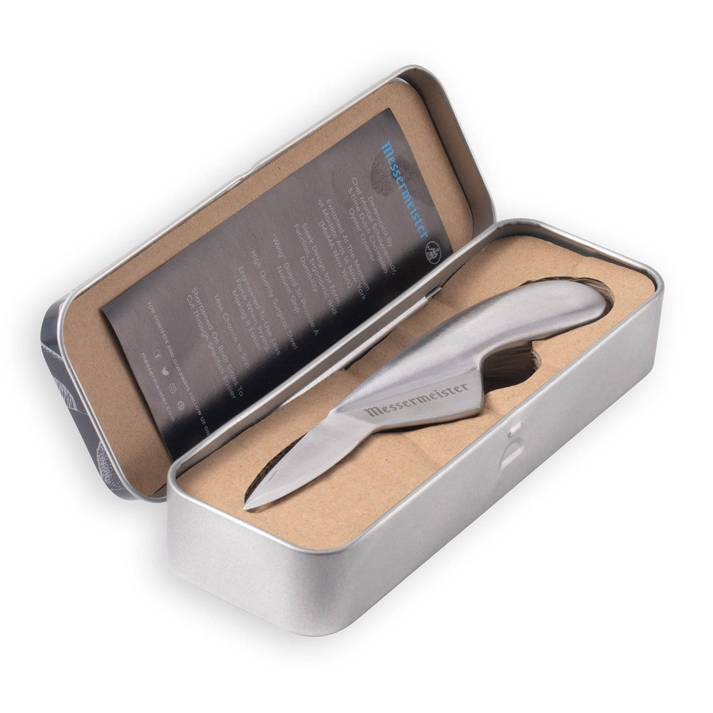 Messermeister Stainless Steel 6.5 inch Oyster Knife with ergonomic handle and curved tip shown inside the metal gift box