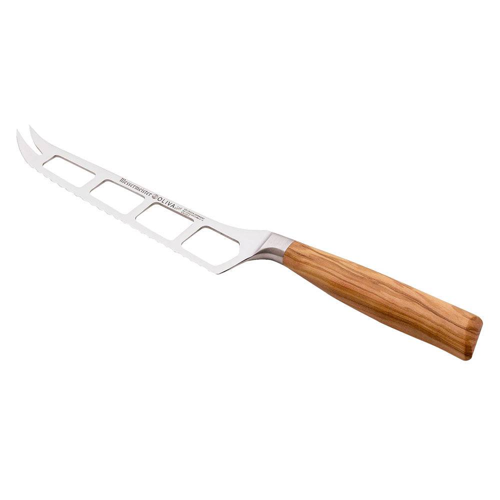 The Oliva Elite Cheese and Tomato Knife with a stainless steel blade with holes and two prongs at the tip with olive wood handle angled view pointing to upper left