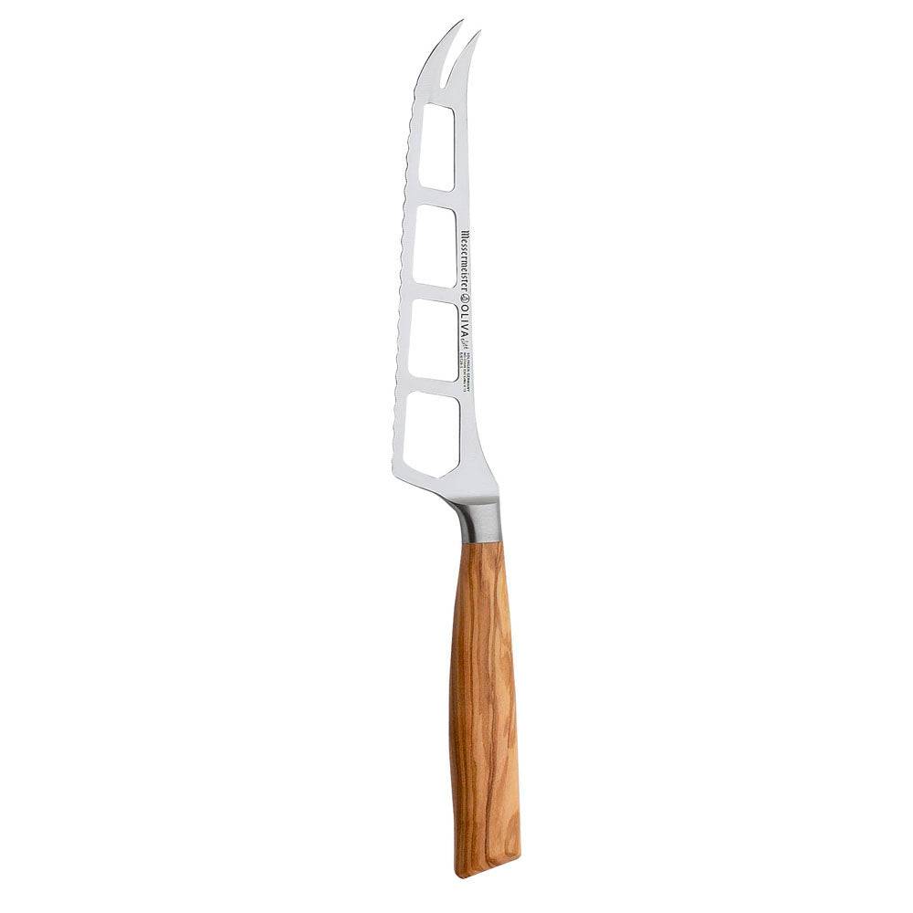 The Oliva Elite Cheese and Tomato Knife with a stainless steel blade with holes and two prongs at the tip with olive wood handle