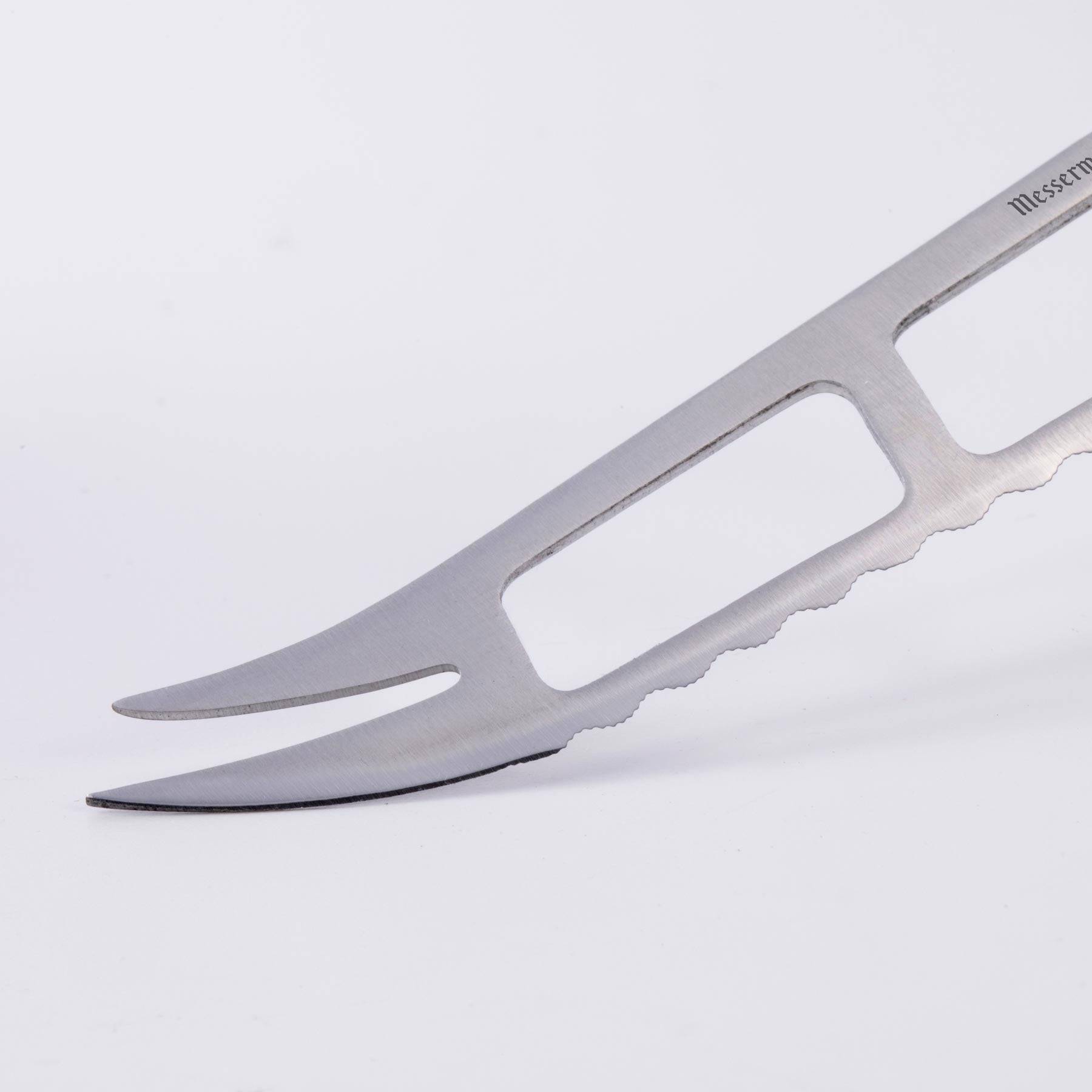  A close up view of the Oliva Elite Cheese and Tomato Knife showing the steel blade with holes and two prongs at the tip 