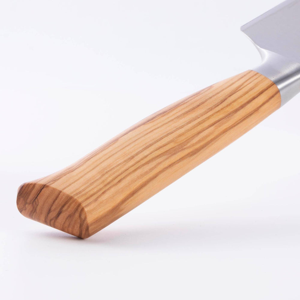 Close up of the Oliva Elite 8 inch Chef's knife olive wood handle 