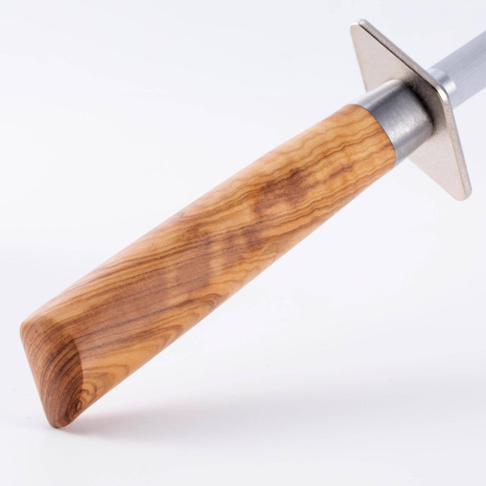 Close up of the Oliva Elite Fine Grit 10 inch Honing Steel with Olive Wood Handle 