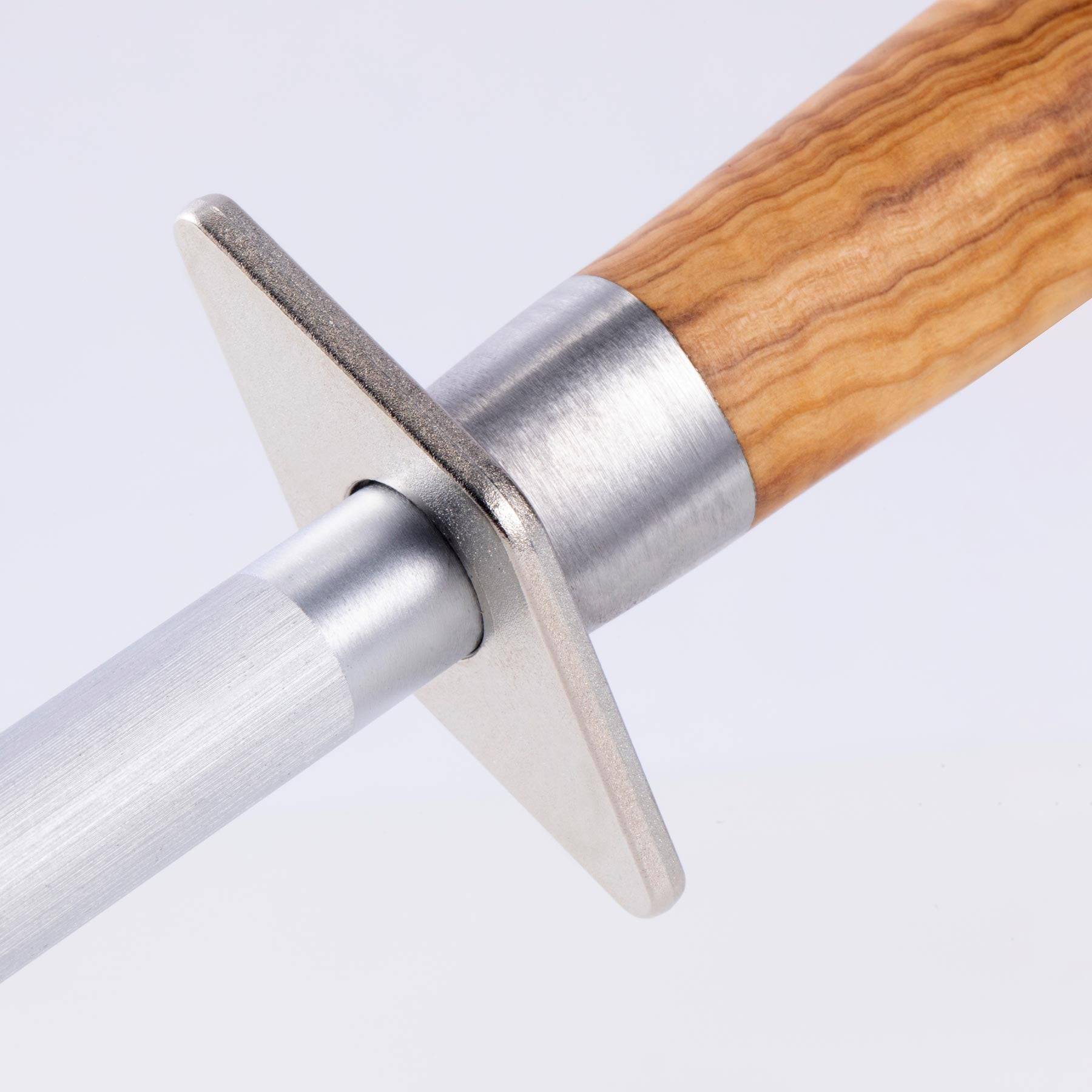 Close up of the finger guard on the Oliva Elite Fine Grit 10 inch Honing Steel with Olive Wood Handle 