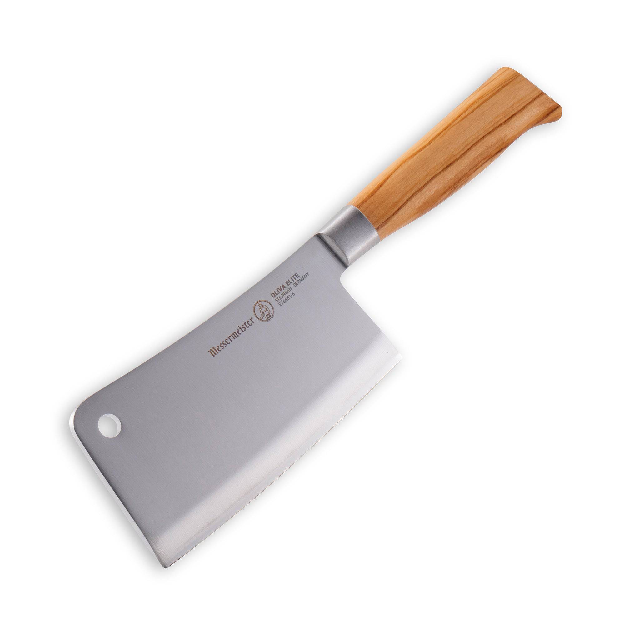 The Oliva Elite 6 inch heavy cleaver with olive wood handle and a silver stainless steel blade