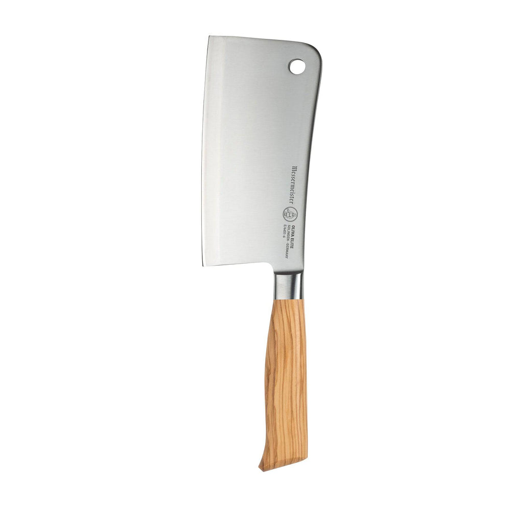 The Oliva Elite 6 inch heavy cleaver with olive wood handle and a silver stainless steel blade