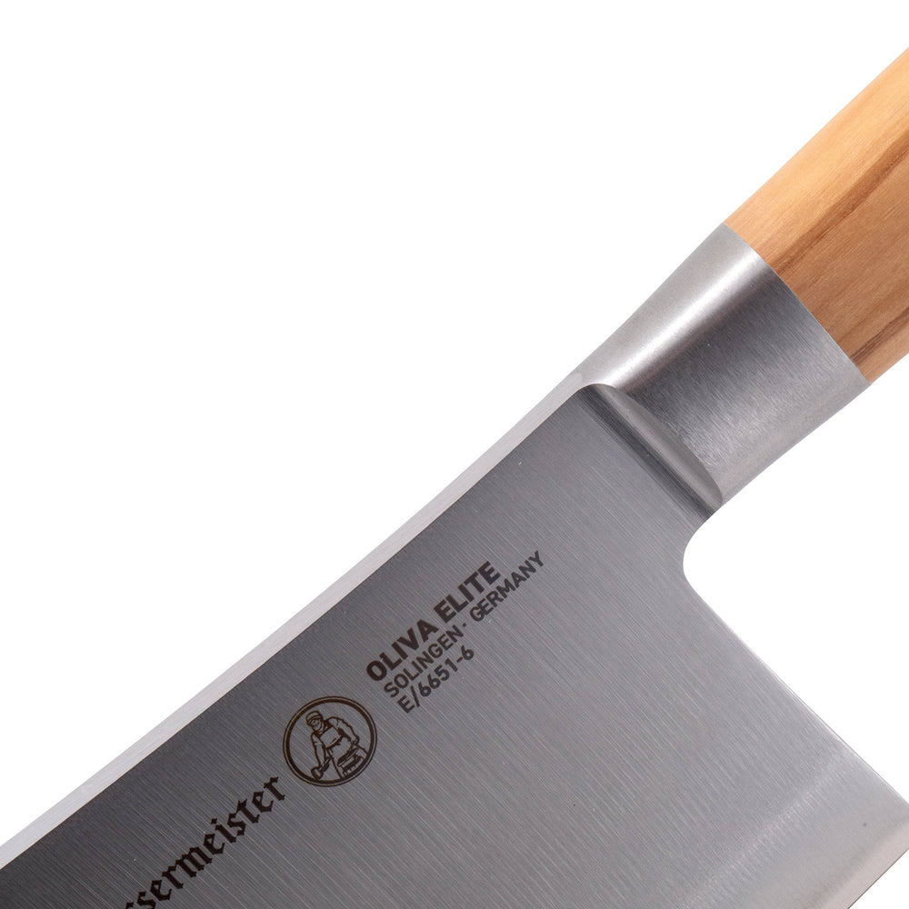 Close up view of the bolster and heel of the Oliva Elite 6 inch heavy cleaver showing bolster and heel