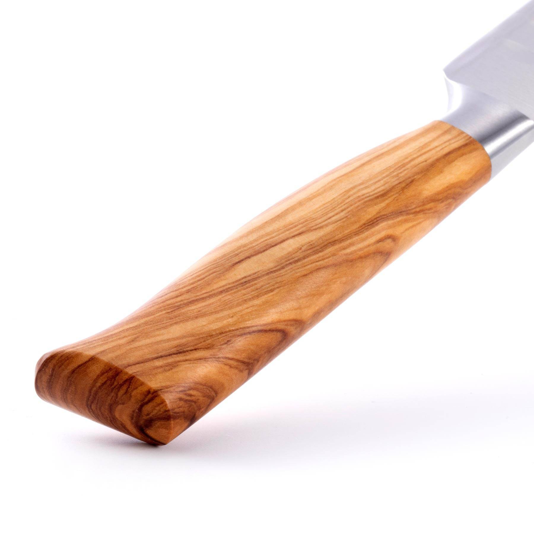 A close up of the 8 inch Oliva Elite Kullens carving knife showing the olive wood handle