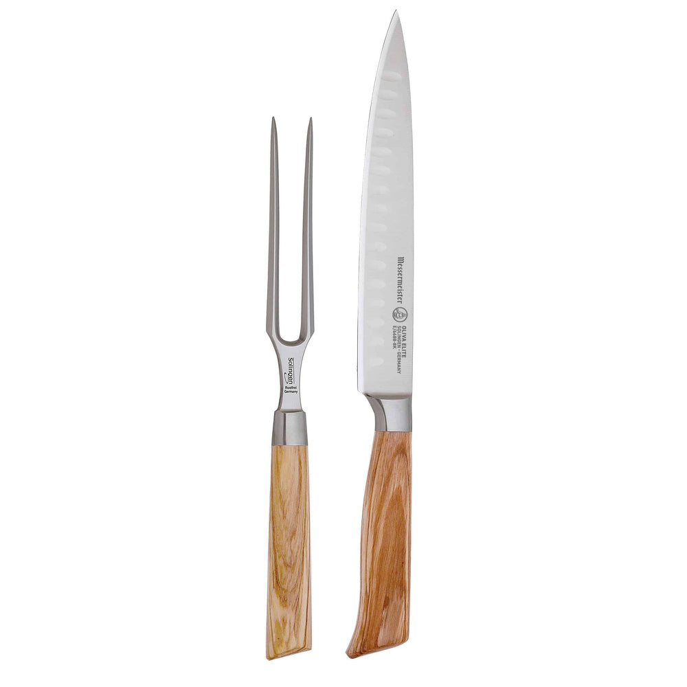 The Oliva Elite Kullens Carving Set with the 8 inch Kullens carving knife with a narrow spearpoint, fine edge stainless steel blade with Kullens and the 6 inch carving fork with 2 prongs, both with olive wood handles