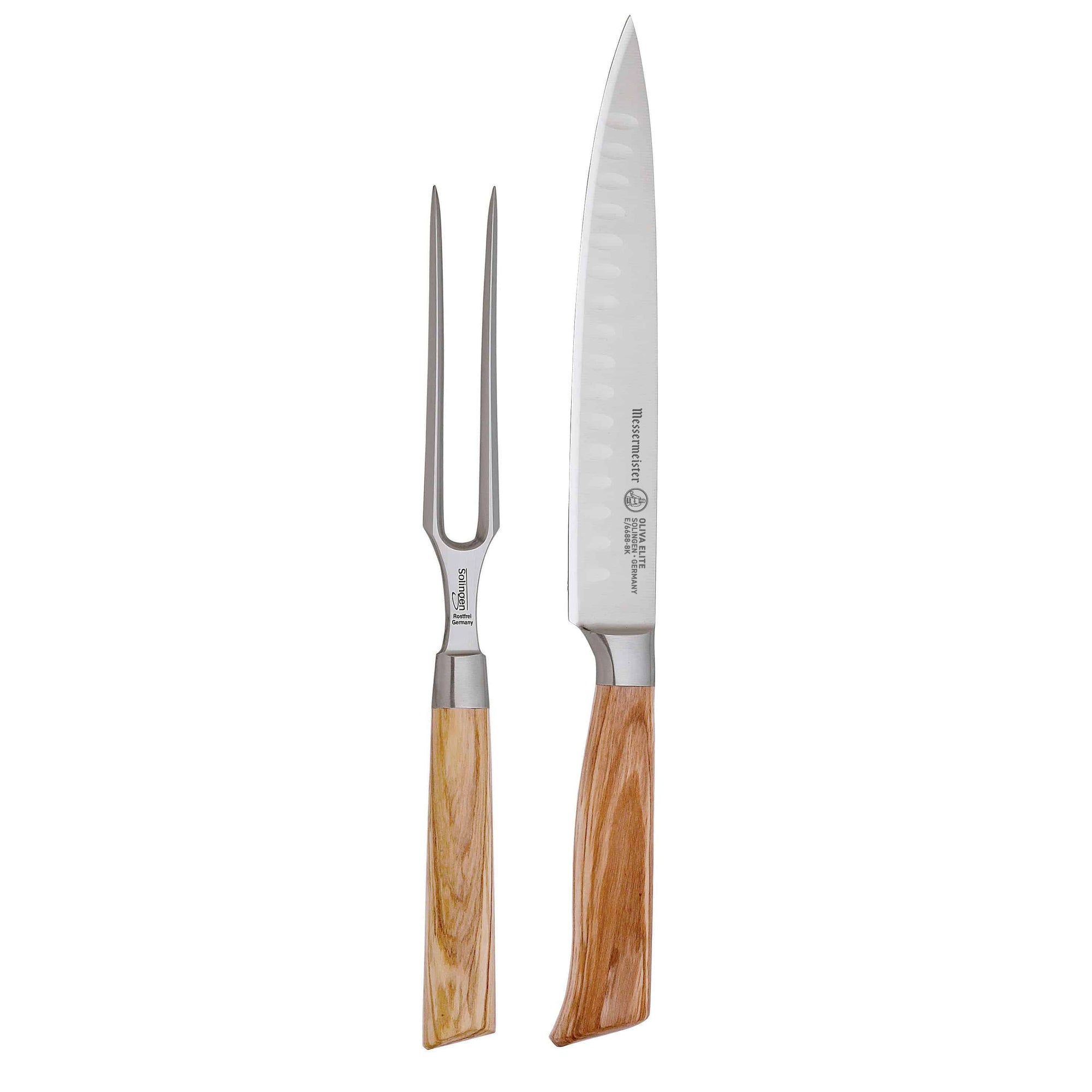 The Oliva Elite Kullens Carving Set with the 8 inch Kullens carving knife with a narrow spearpoint, fine edge stainless steel blade with Kullens and the 6 inch carving fork with 2 prongs, both with olive wood handles