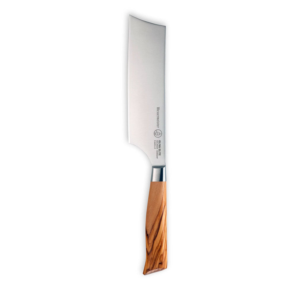 The Oliva Elite 6.5 inch Nakiri knife with olive wood handle and stainless steel blade