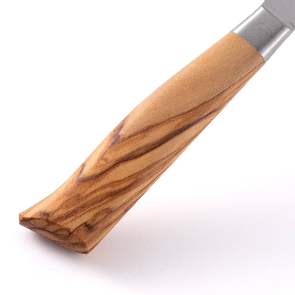 Close up of the Oliva Elite 6.5 inch Nakiri knife olive wood handle