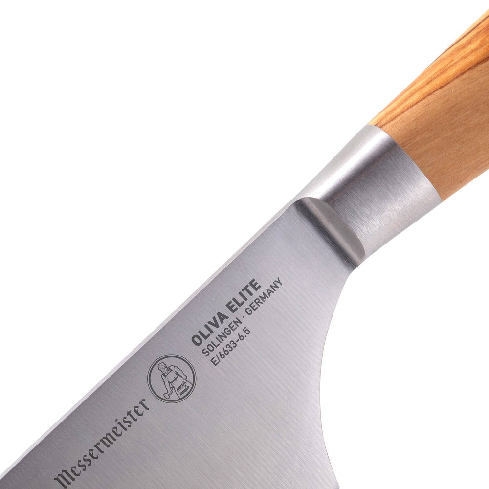 Close up of the Oliva Elite 6.5 inch Nakiri knife bolster and heel