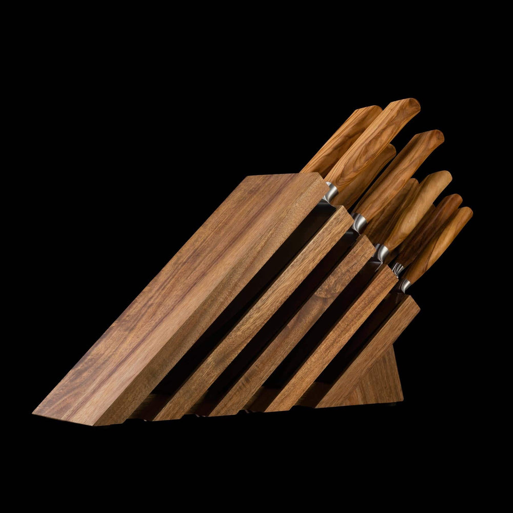 The Oliva Elite 11 Piece Next Level Block Set with all knives resting inside Next Level knife block, olive wood handles only showing