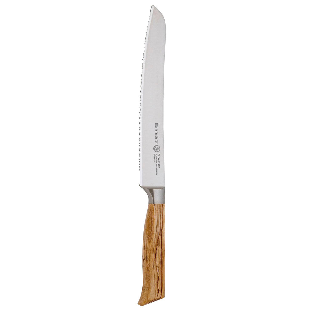 The Oliva Elite 9 inch serrated bread knife with silver stainless steel blade and olive wood handle