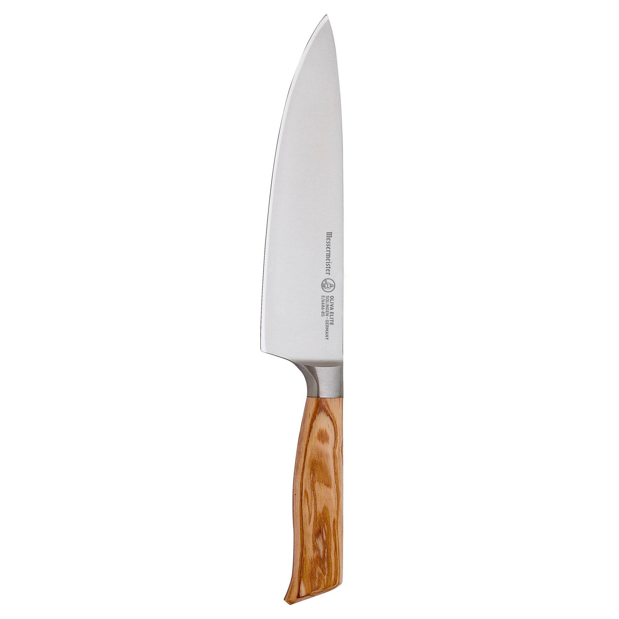The Oliva Elite 8 inch Chef's knife with olive wood handle and stainless steel blade