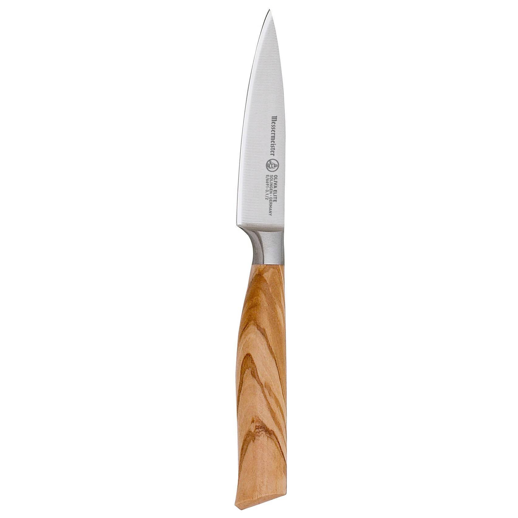 The Oliva Elite 3.5 inch Paring knife with steel blade and olive wood handle 