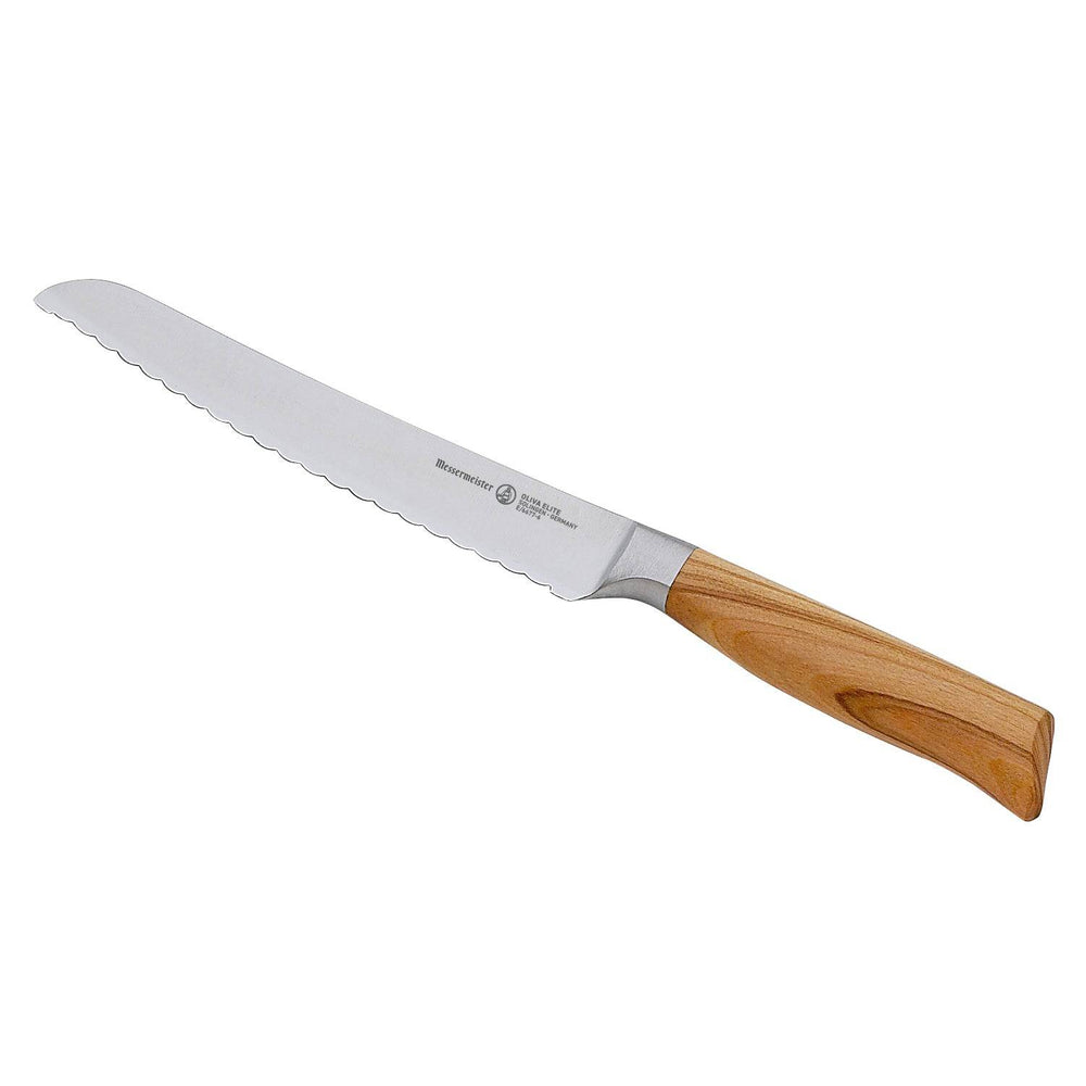 The Oliva Elite 6 inch Reverse Scallop Utility Knife with olive wood handle and a silver stainless steel blade angled view pointing to upper left