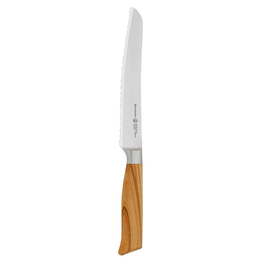 The Oliva Elite 6 inch Reverse Scallop Utility Knife with olive wood handle and a silver stainless steel blade