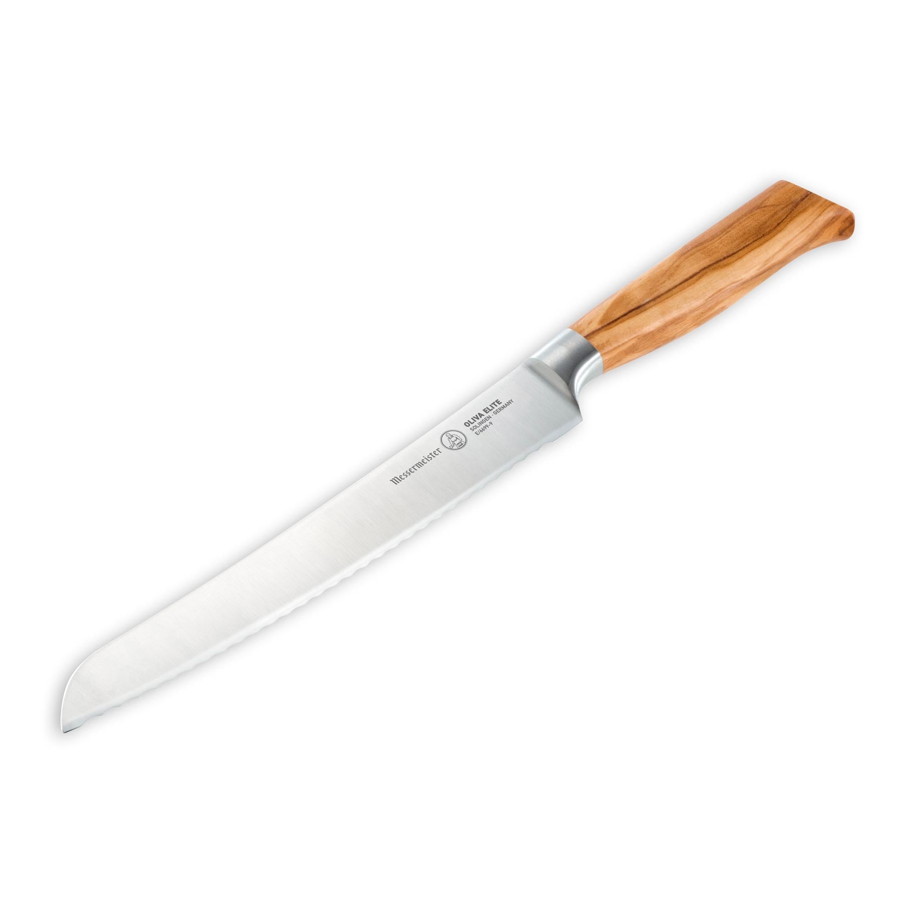 The Oliva Elite 9 inch serrated bread knife with silver stainless steel blade and olive wood handle angled view pointing to lower left