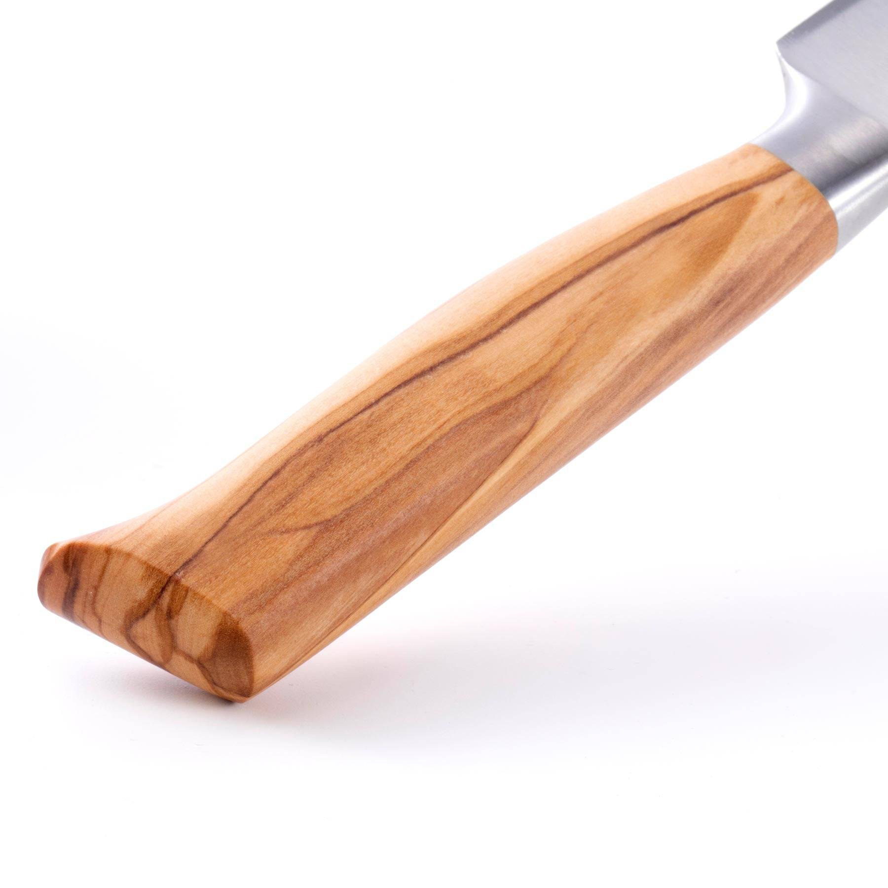 Close up view of the Oliva Elite 9 inch serrated bread knife tip showing the olive wood handle