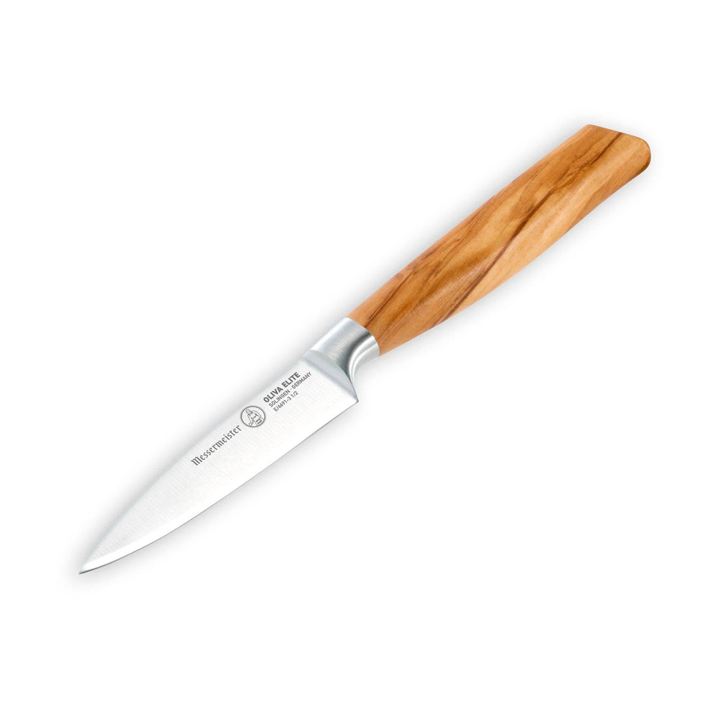 Messermeister Oliva Elite Spear Point The Oliva Elite 3.5 inch Paring knife with steel blade and olive wood handle angled view pointing to lower left