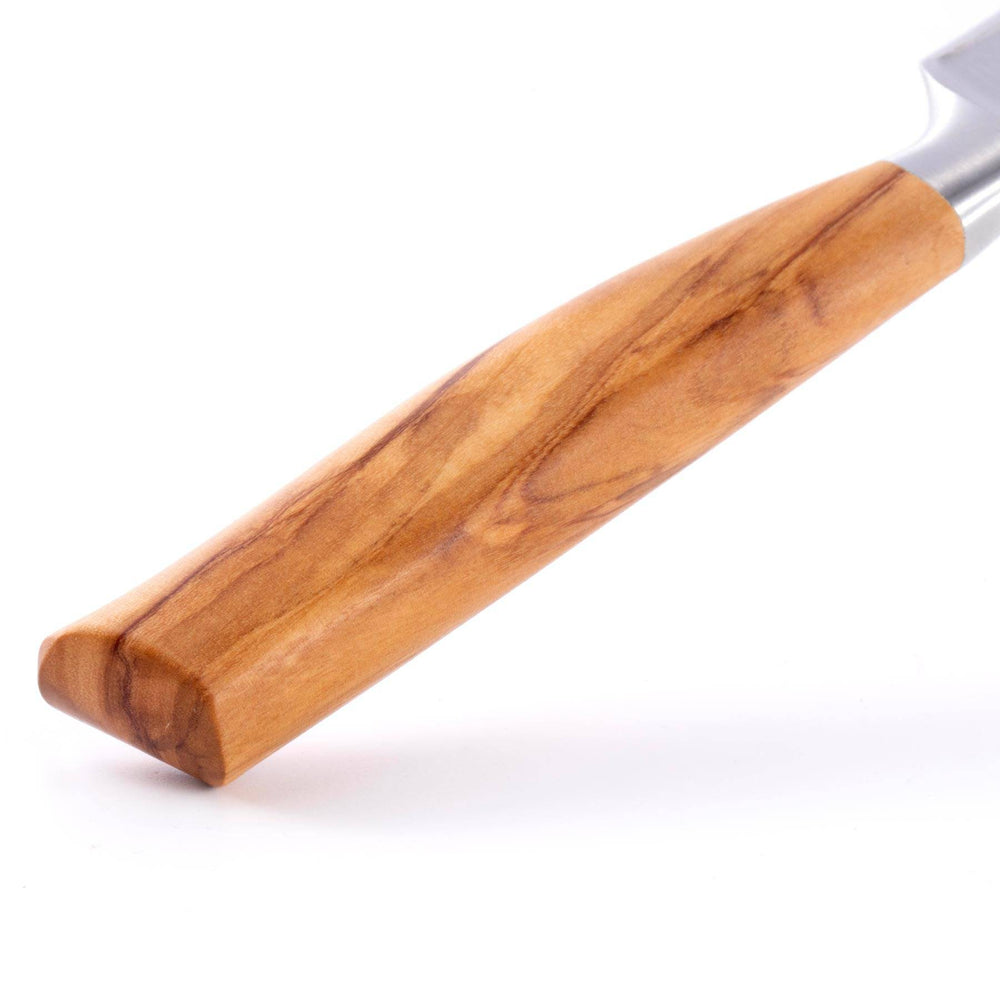 Messermeister Oliva Elite 3.5 inch Paring Knife closeup view of olive wood handle