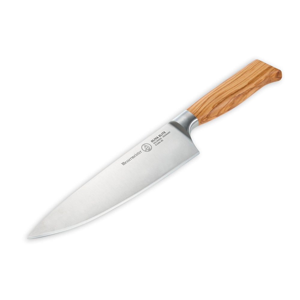 The Oliva Elite 8 inch Chef's knife with olive wood handle and stainless steel blade