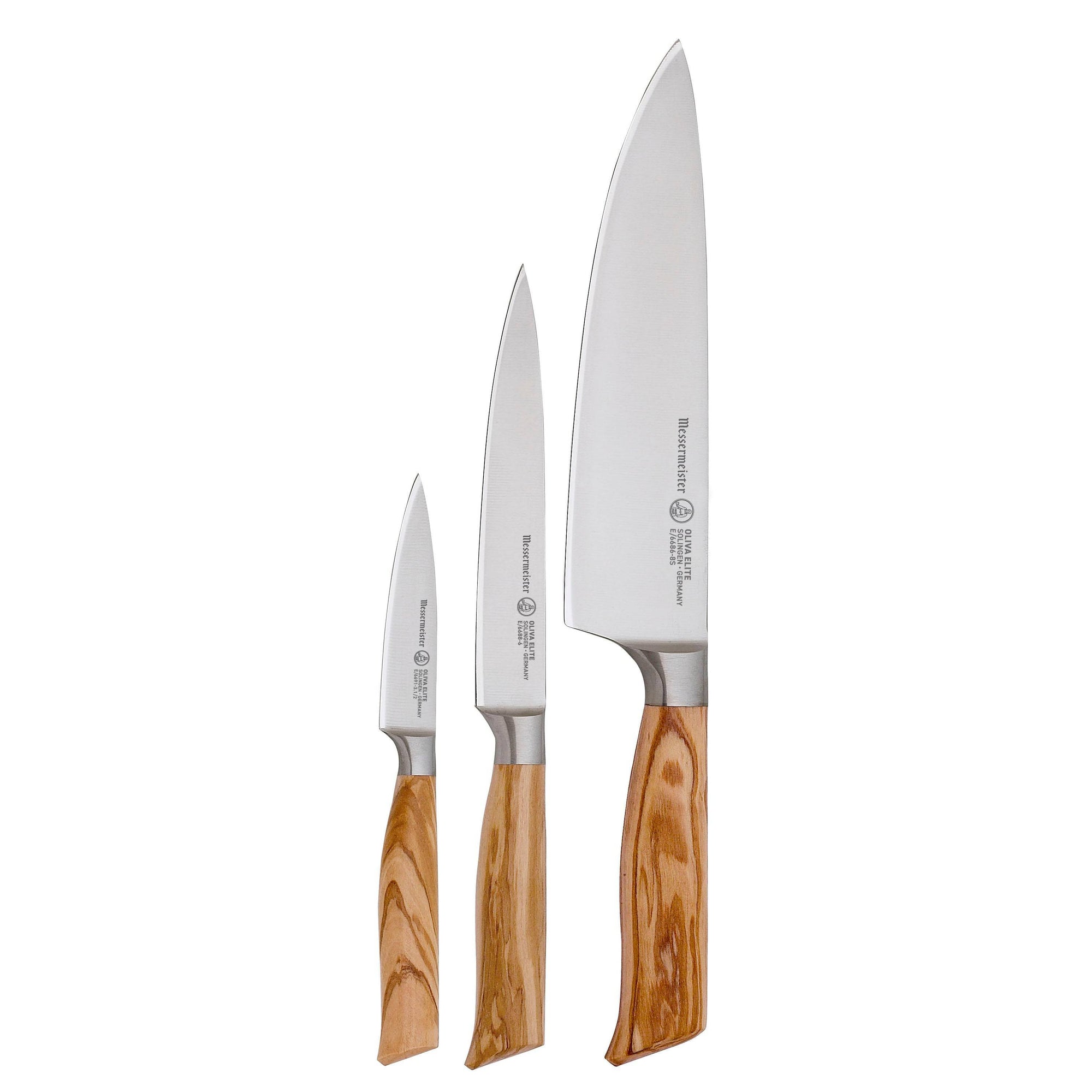 The Oliva Elite 3 Piece Starter set with the 8 inch Chef's Knife, 6 inch Utility Knife, and 3.5 inch Paring Knife all with steel blades and olive wood handles. 