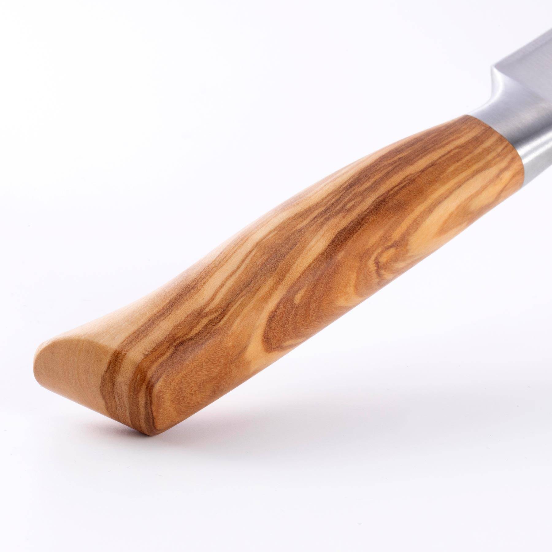 Close up of the Oliva Elite 6 inch Utility Knife olive wood handle