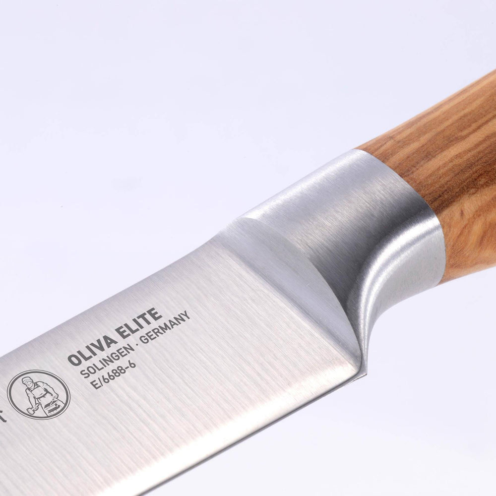 Close up of the Oliva Elite 6 inch Utility Knife bolster and heel
