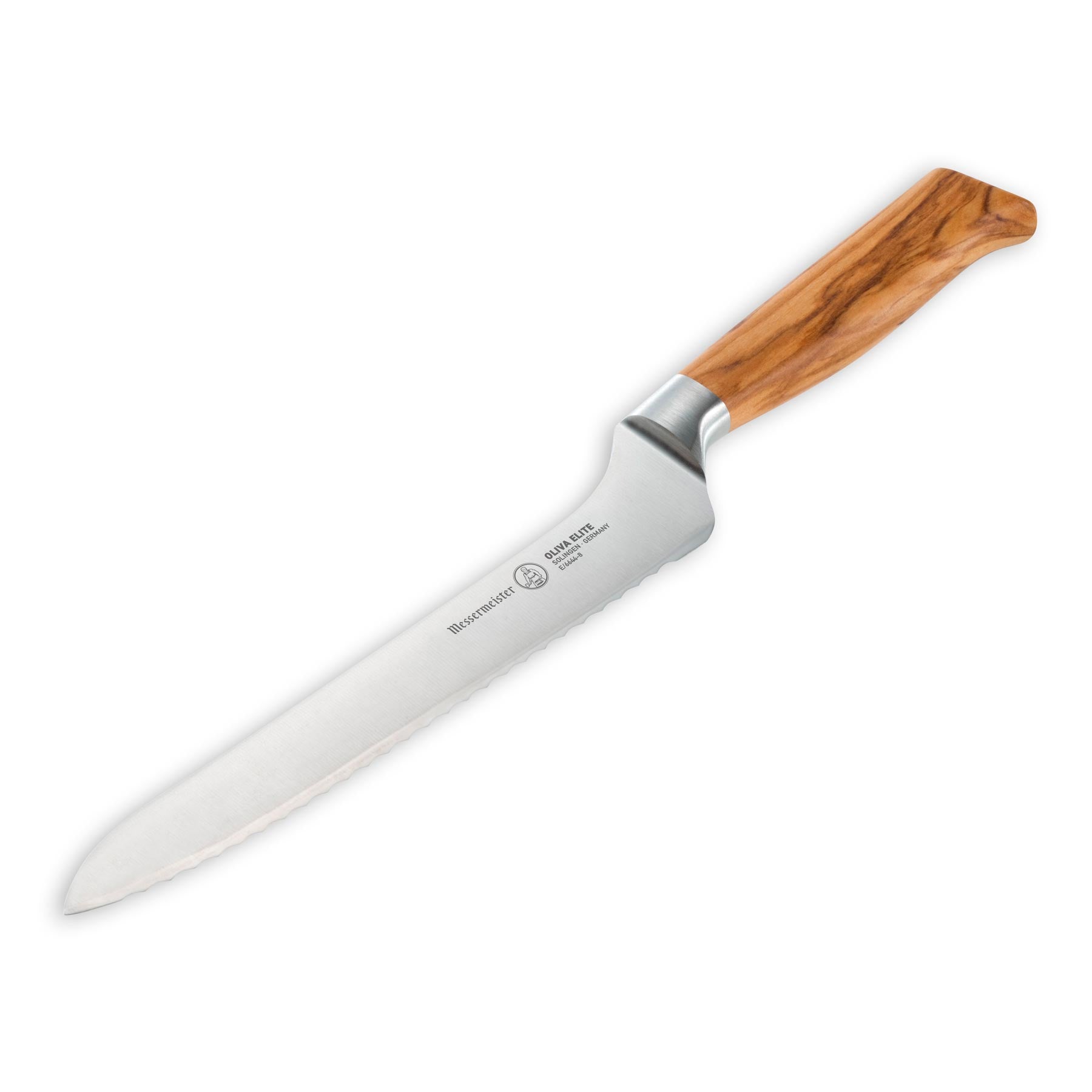 The 8 inch Oliva Elite Offset Scalloped Bread Knife with a stainless steel blade and olive wood handle angled view pointing to bottom left