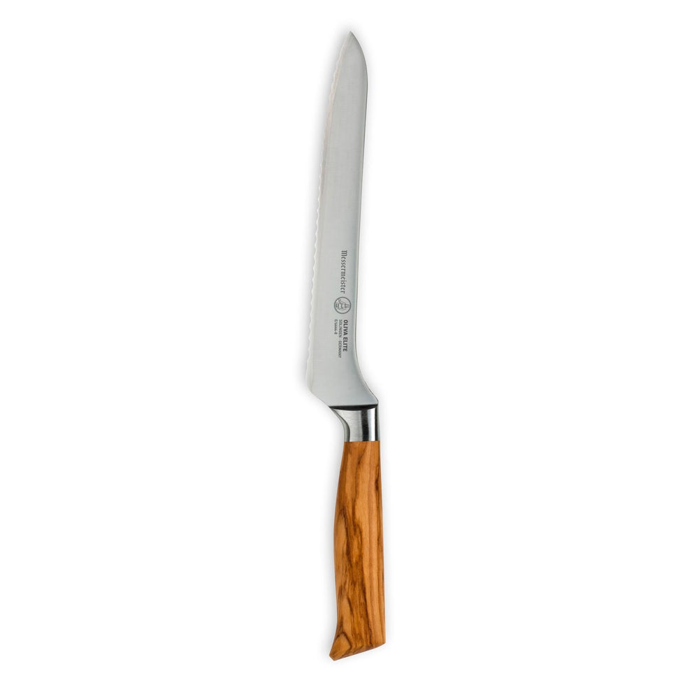 The 8 inch Oliva Elite Offset Scalloped Bread Knife with a stainless steel blade and olive wood handle