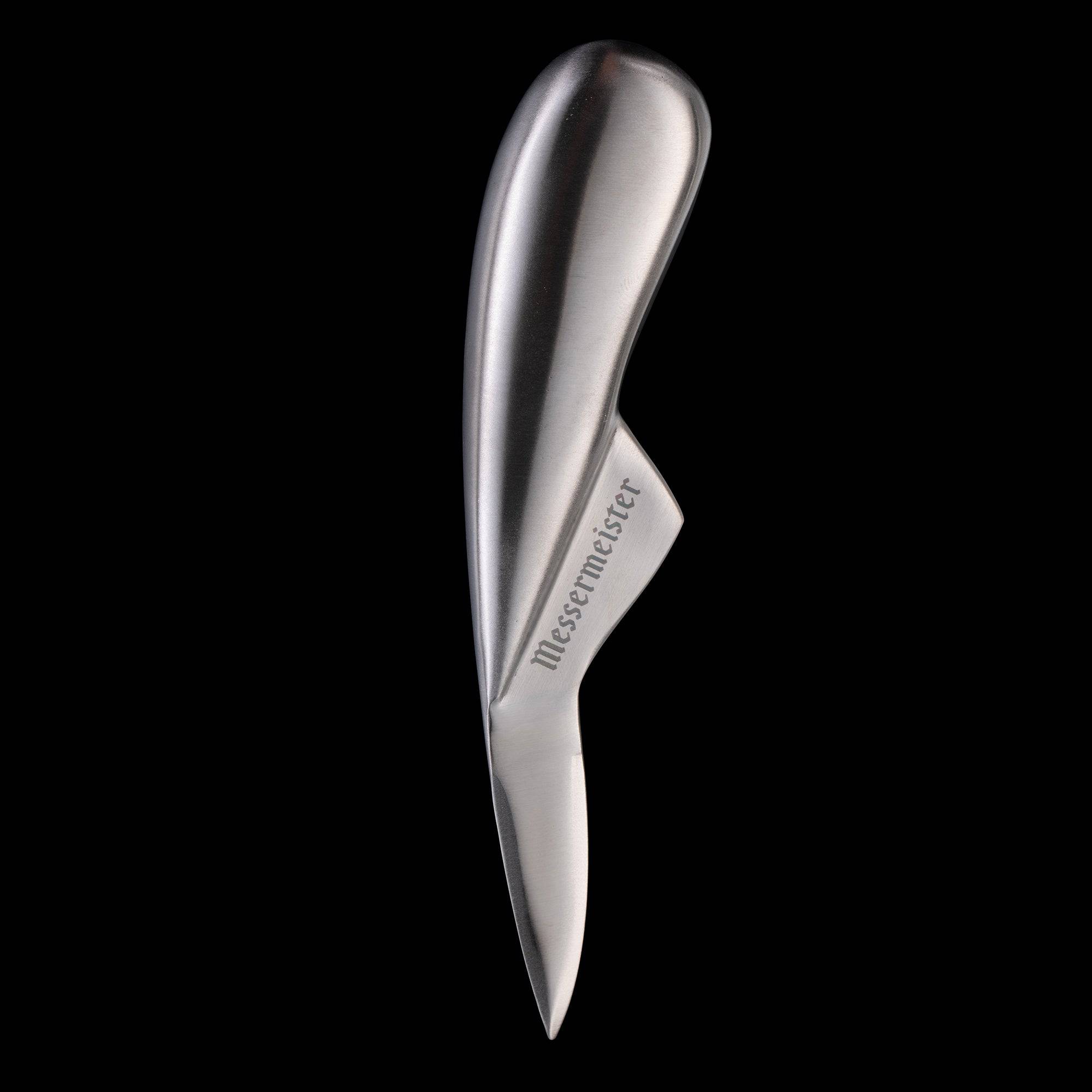 Messermeister Stainless Steel 6.5 inch Oyster Knife with ergonomic handle and curved tip full view showing logo and pointing down