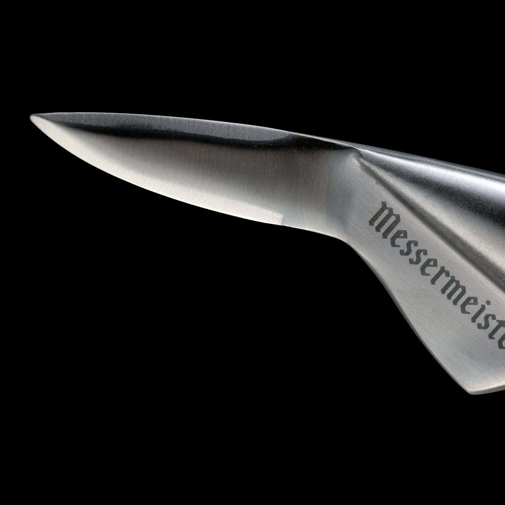 Close up view of the tip and logo on the Messermeister Stainless Steel 6.5 inch Oyster Knife 
