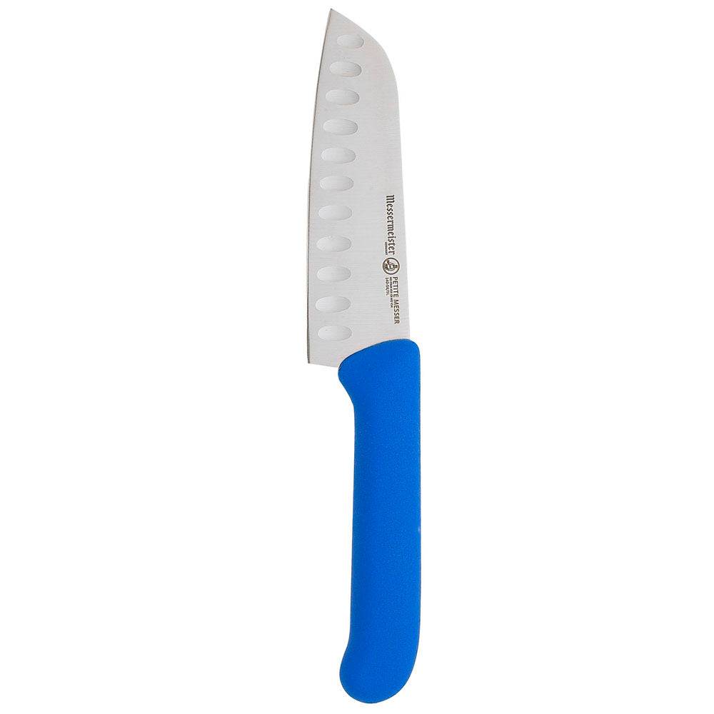 Straight-on view of Messermeister Petite Messer Blue Kullens Santoku knife 5-inch blade with blue handle