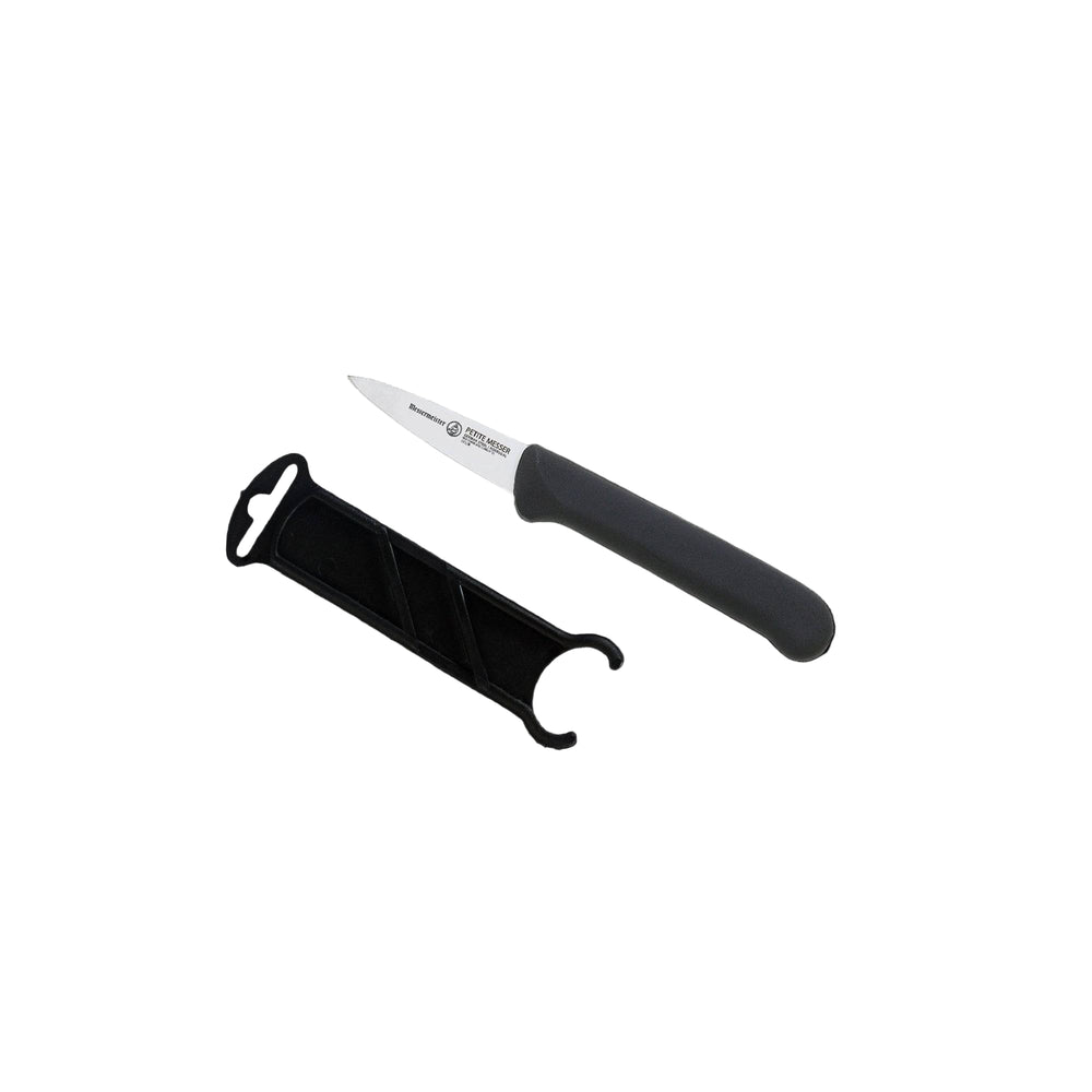 Messermeister Petite Messer black handled 2 inch garnishing knife with sheath removed highlighting small precision blade design
