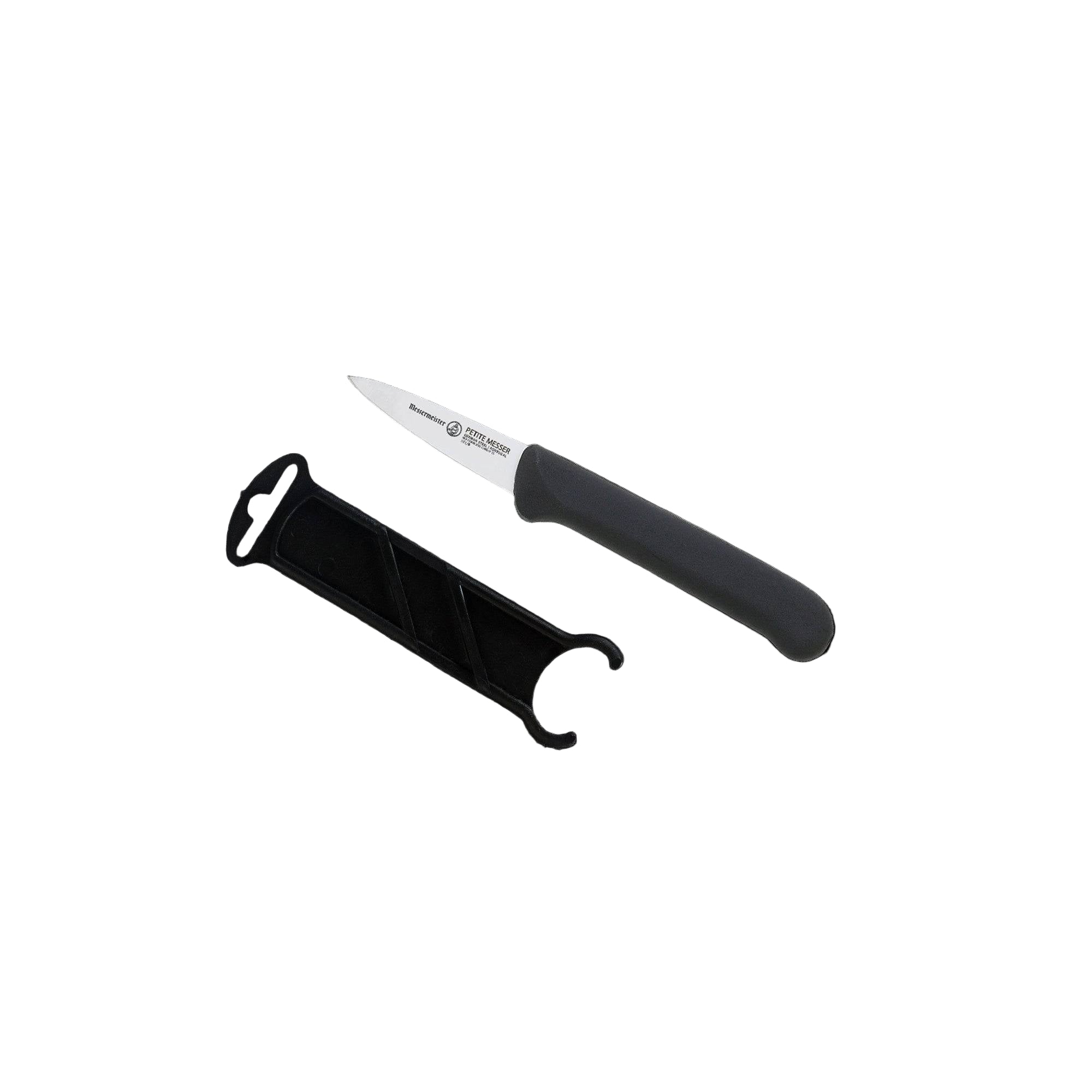 Messermeister Petite Messer black handled 2 inch garnishing knife with sheath removed highlighting small precision blade design