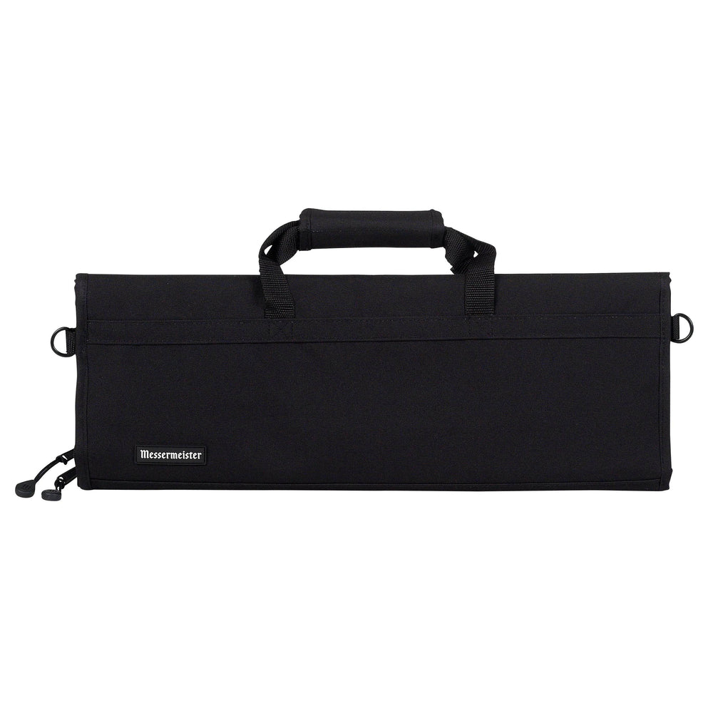 Front view of Messermeister Preservation 12 Pocket Knife Bag in Black featuring durable recycled fabric, structured design, reinforced carry handles, and heavy-duty zipper closure for secure storage of up to twelve chef knives and culinary tools