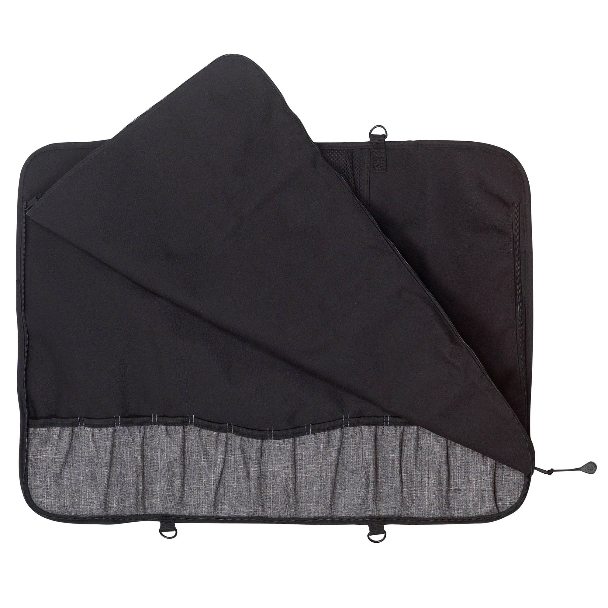 Interior view of Messermeister Preservation 12 Pocket Knife Bag in Black showing padded lining and elastic knife pockets designed to securely organize up to twelve chef knives and culinary tools