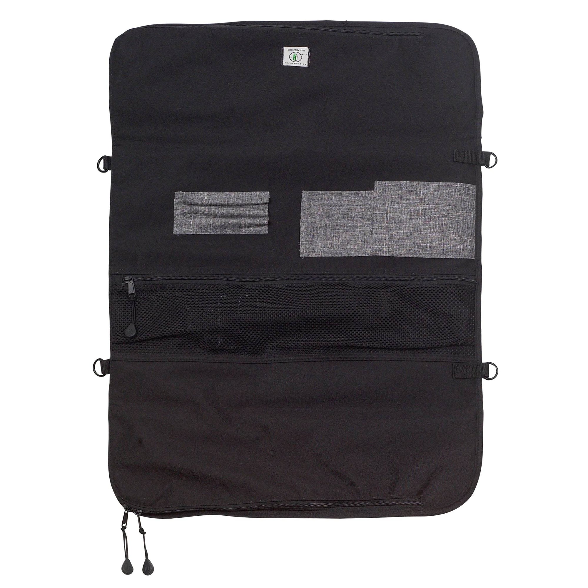 Interior view of Messermeister Preservation 12 Pocket Knife Bag in Black showing padded lining, elastic knife slots, and organized compartments designed to securely hold up to twelve chef knives and culinary tools