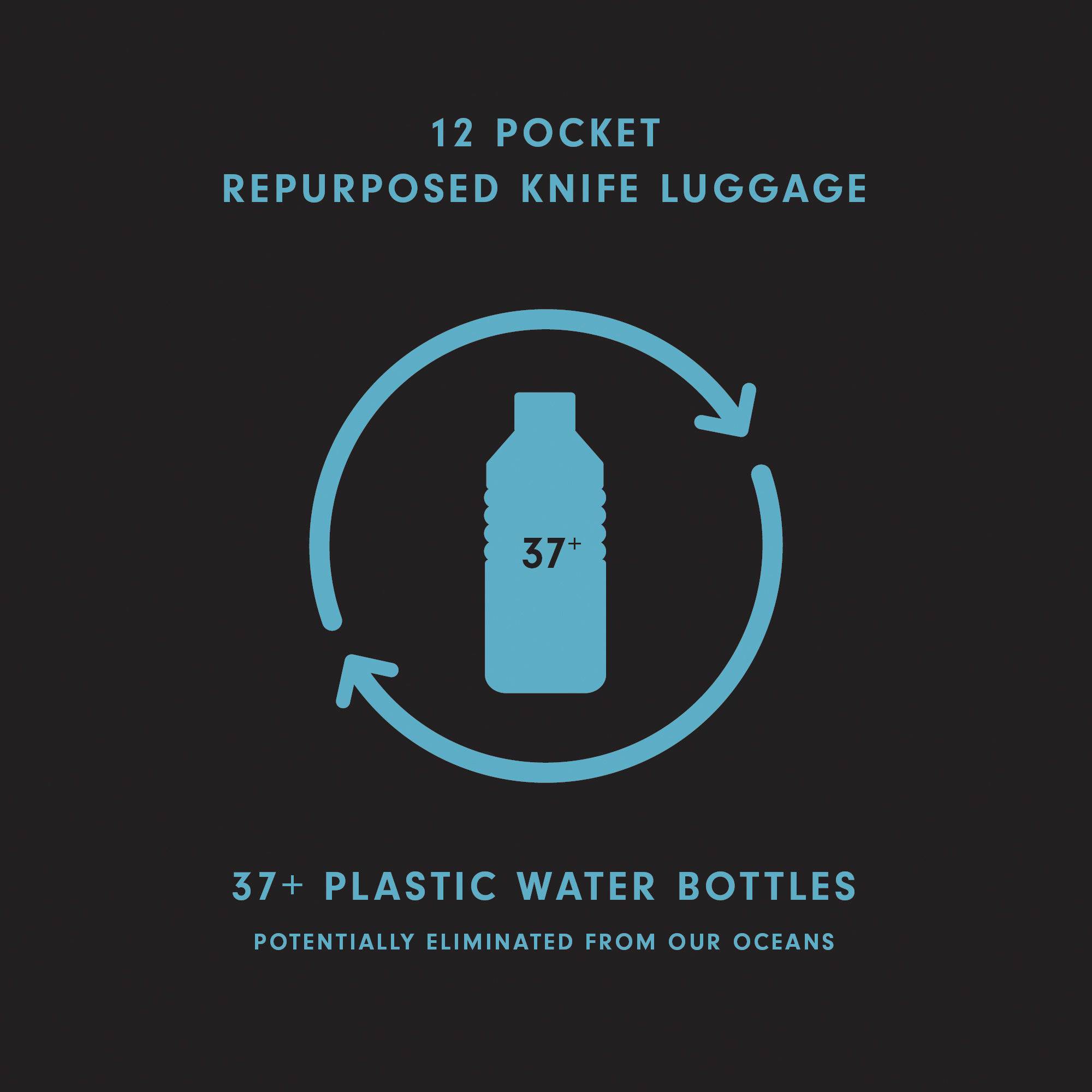 Close-up of Messermeister Preservation 12 Pocket Knife Bag in Black highlighting eco-friendly construction made from repurposed materials equivalent to 37 water bottles, with durable recycled fabric and visible sustainability label